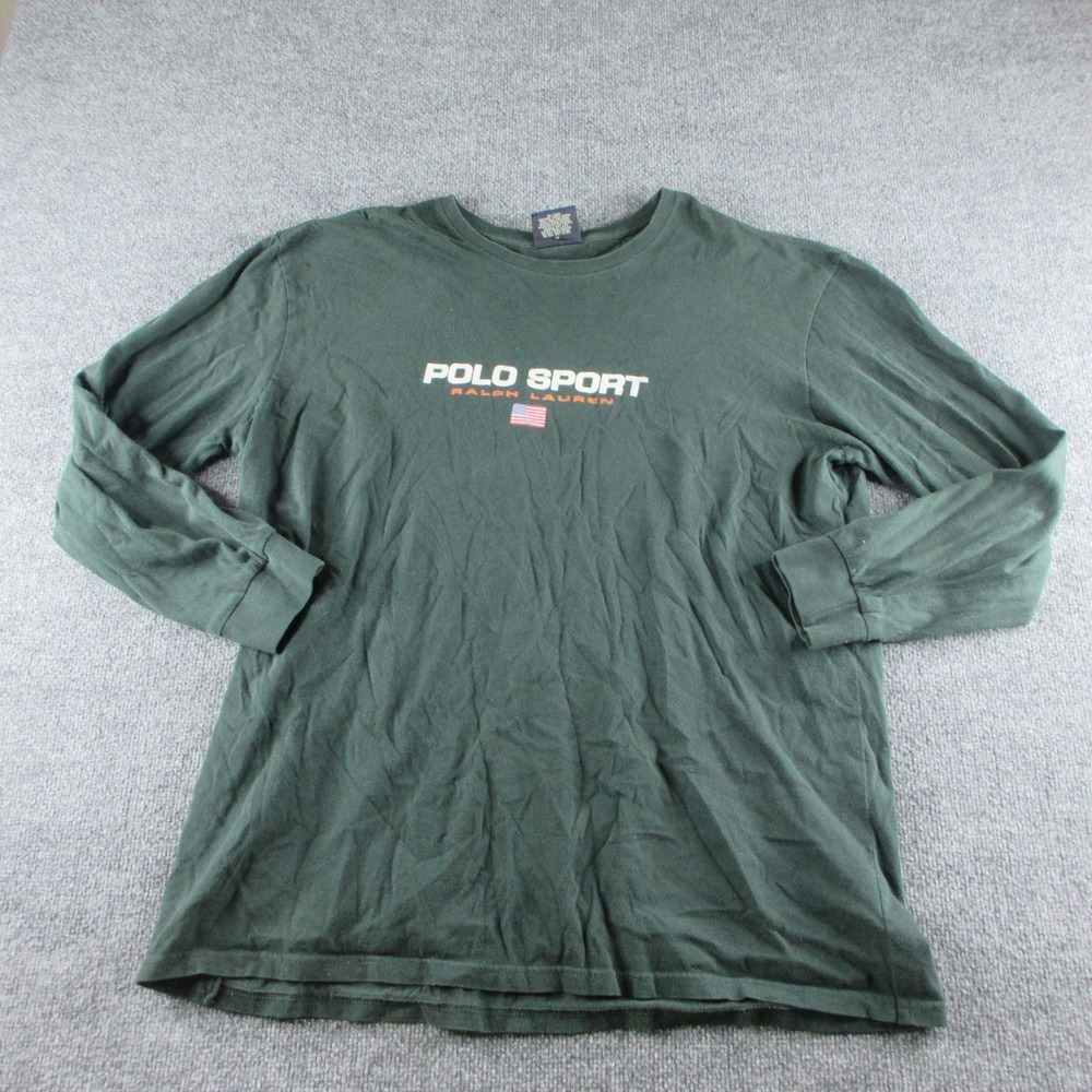 Polo Sport Ralph Lauren Shirt Mens 2XL Green Long Sleeve Flag Logo Tee USA